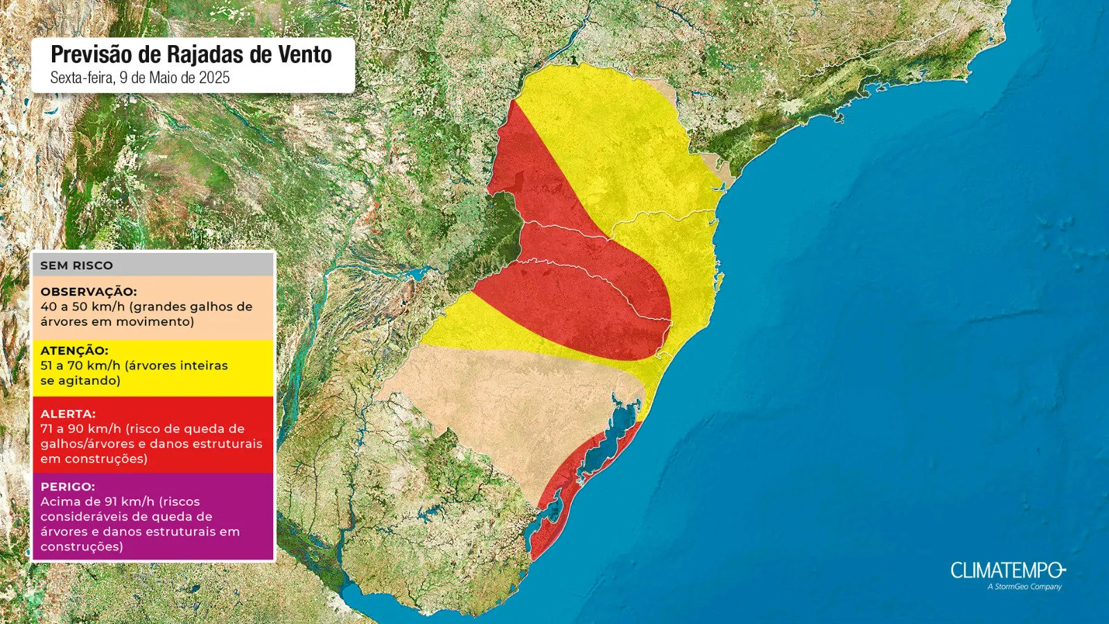 O mapa mostra as áreas em alerta para rajadas de vento
